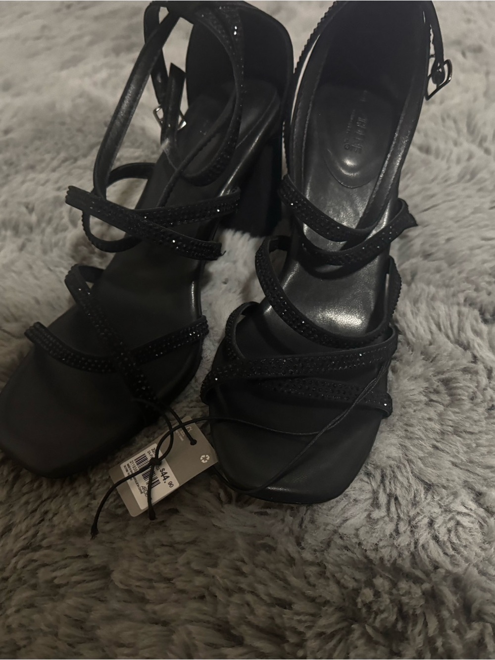 Ardene Black Strappy Block Heel Sandals with Sparkle Detail